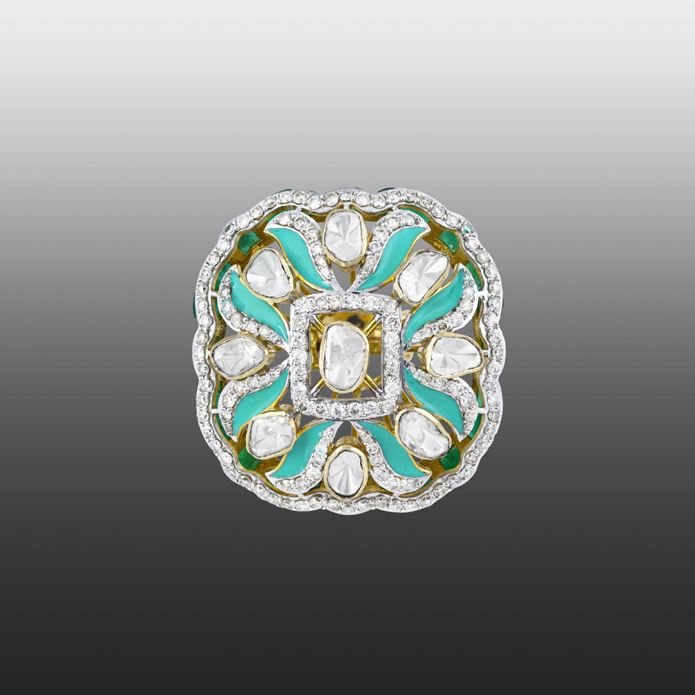 Polki Ring with Turquoise Enamel and Diamond Accents